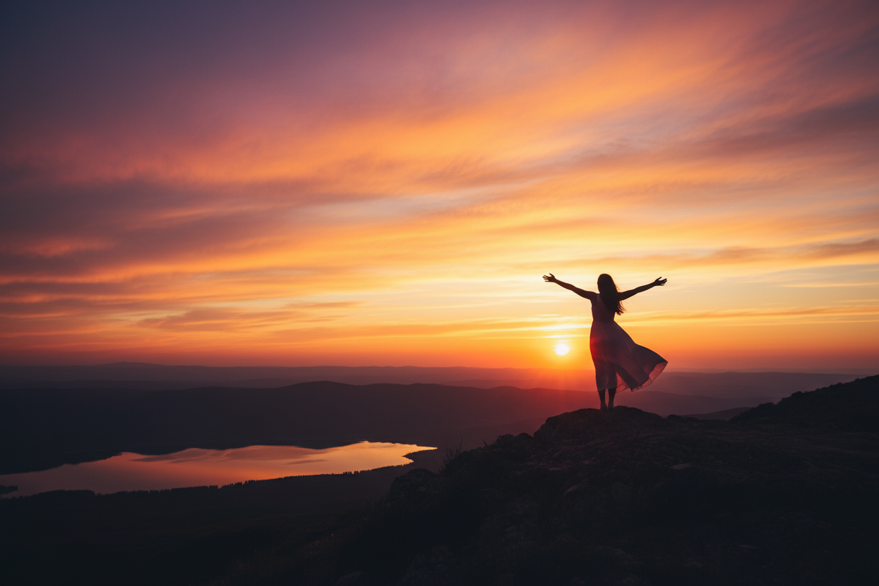 A sunset sky with a woman with outstretched arms