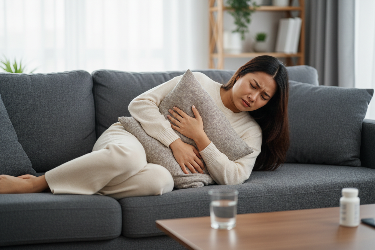 An asian lady laying on a couch with an uncomfortable stomach with a worried expression